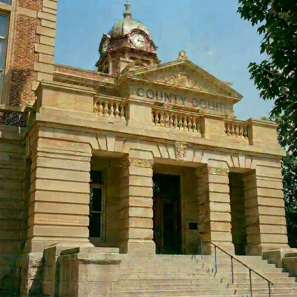 Historic county courthouse with columns, clock tower, and American flags